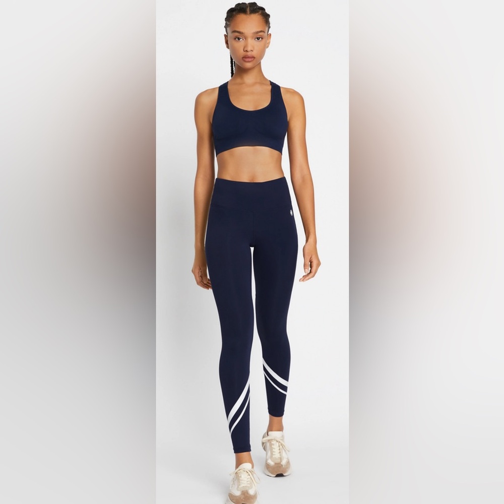 Tory Burch Navy High-Waist Leggings with White Stripe Detail